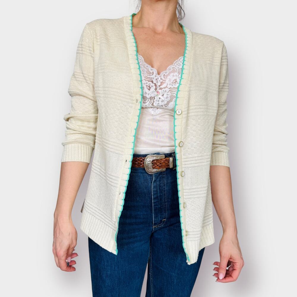 70s‎ Cream Cardigan with Teal Trim Size L